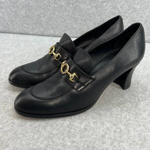 Charles David Horsebit Loafer Mid Block Heel Pump- Black Leather - Women Size 10